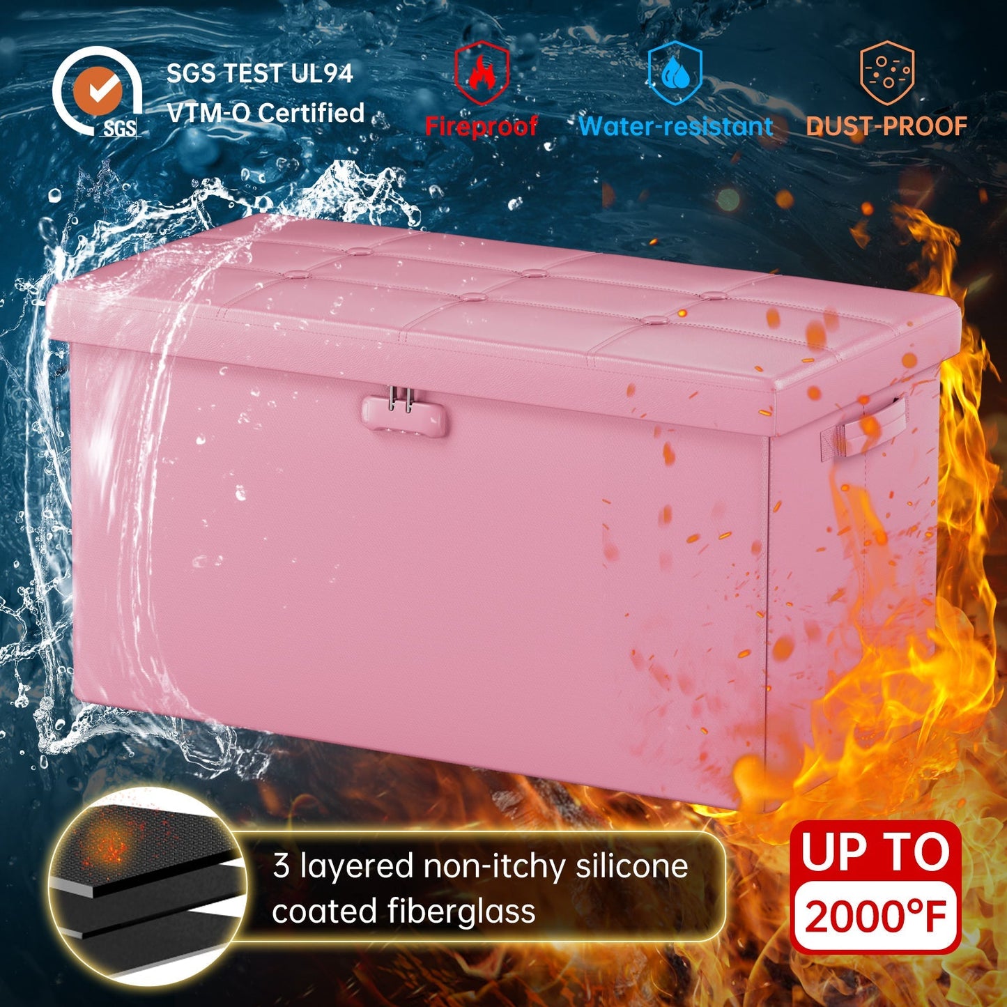Pink Fireproof Storage Ottoman Bench Folding Bench with Lock ENGPOW