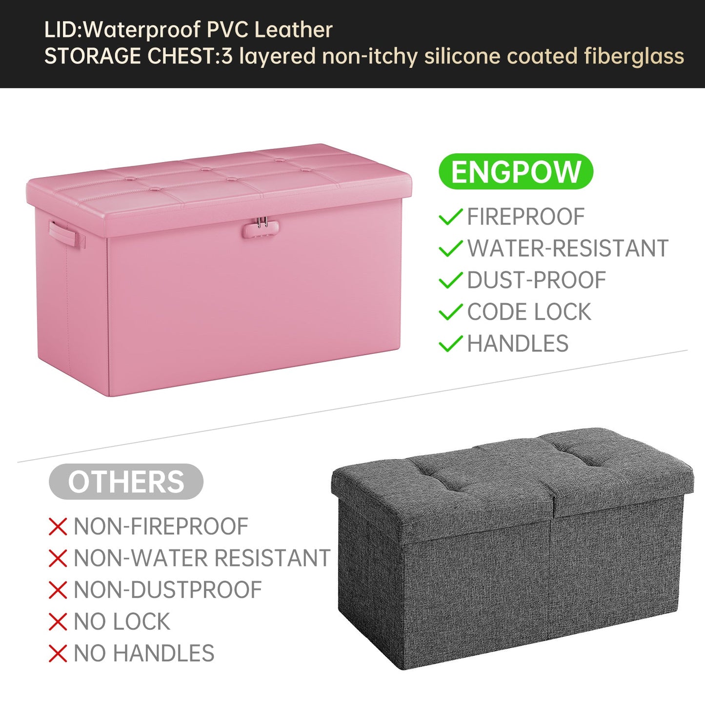 Pink Fireproof Storage Ottoman Bench Folding Bench with Lock ENGPOW