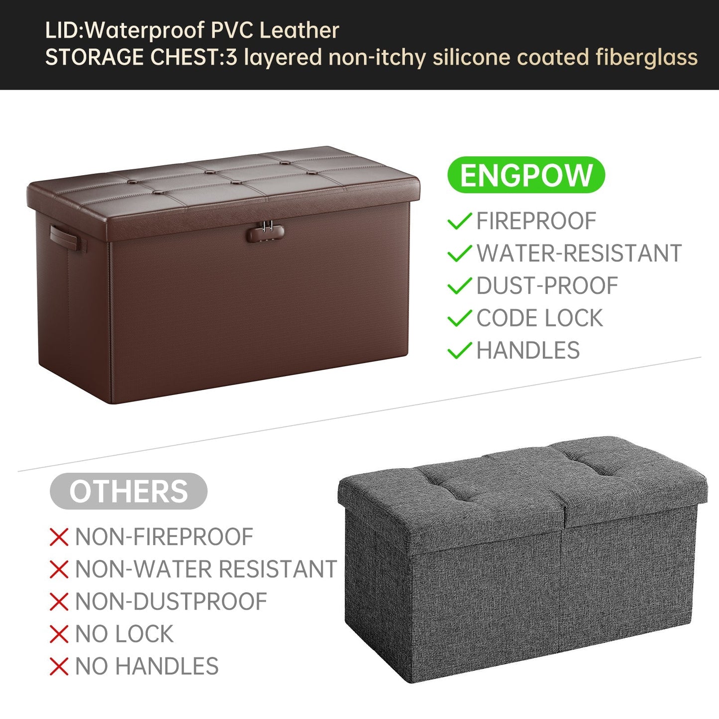 Pink Fireproof Storage Ottoman Bench Folding Bench with Lock ENGPOW
