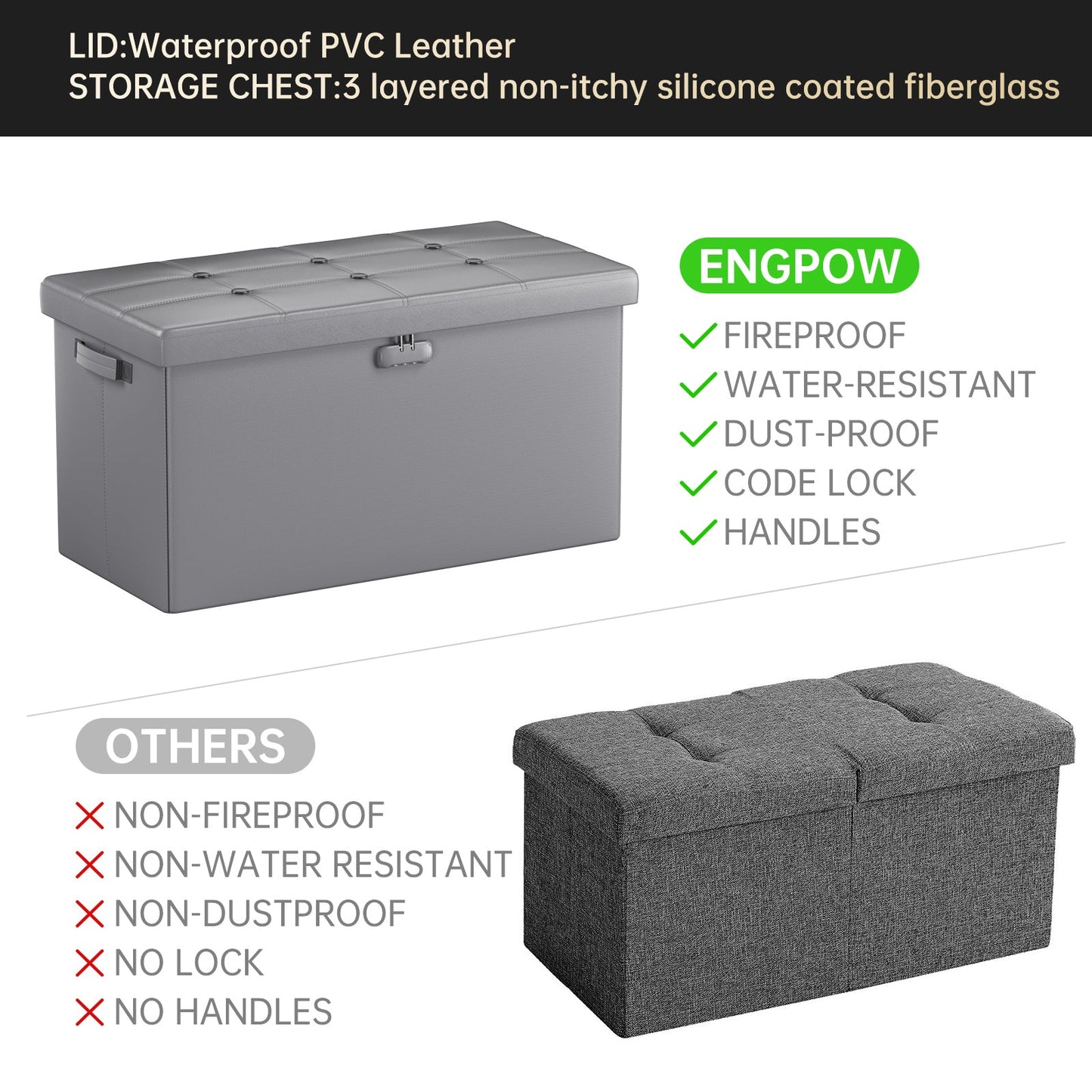 Pink Fireproof Storage Ottoman Bench Folding Bench with Lock ENGPOW