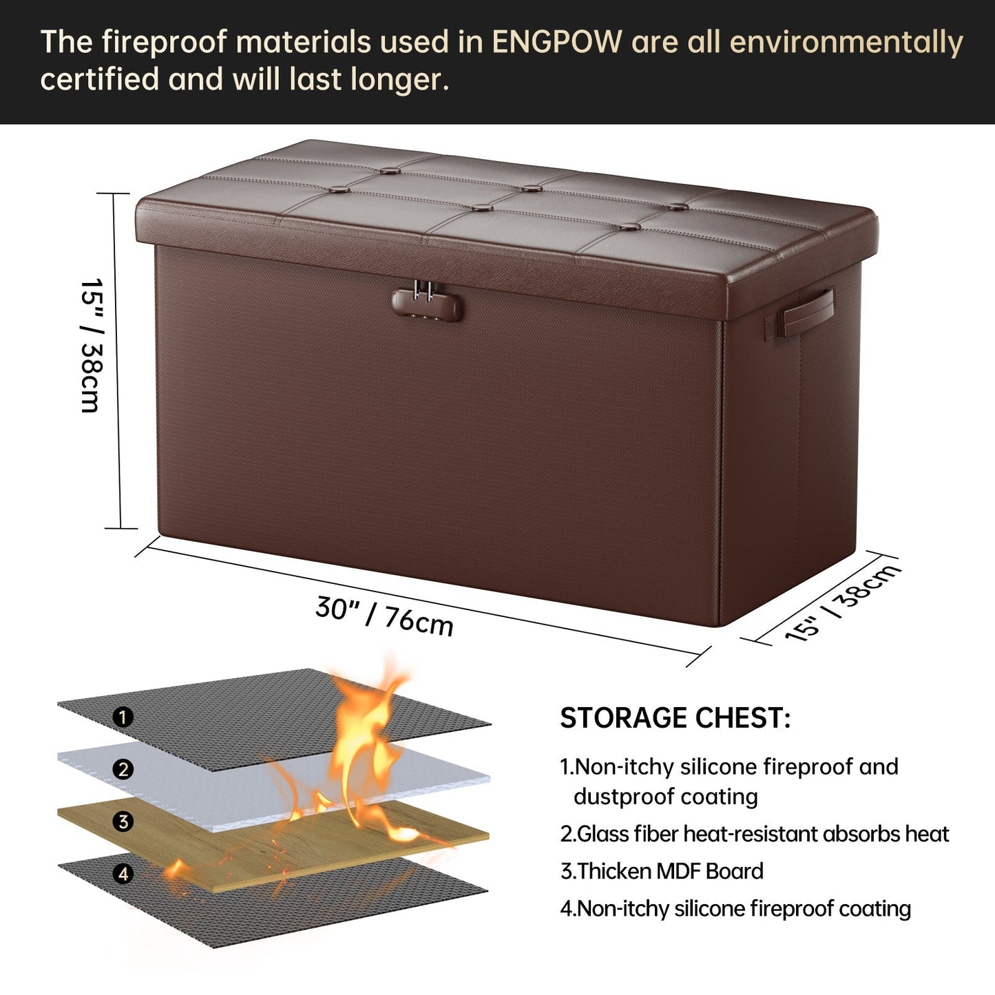 Pink Fireproof Storage Ottoman Bench Folding Bench with Lock ENGPOW