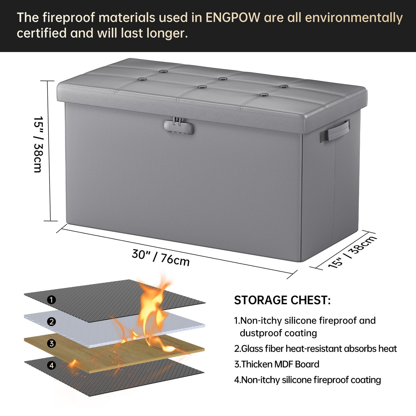 Gray Fireproof Storage Ottoman Bench Folding Bench with Lock ENGPOW