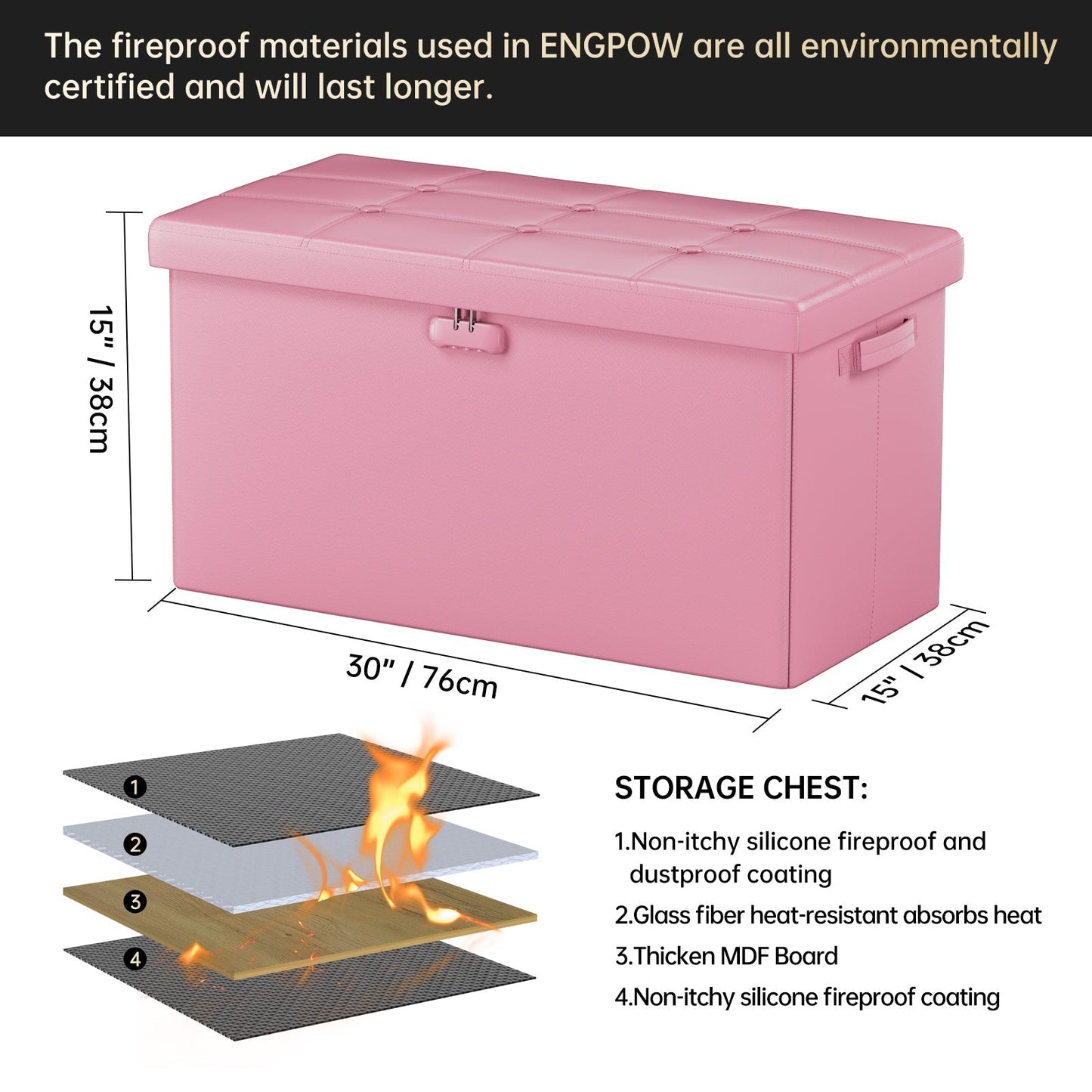 Pink Fireproof Storage Ottoman Bench Folding Bench with Lock ENGPOW