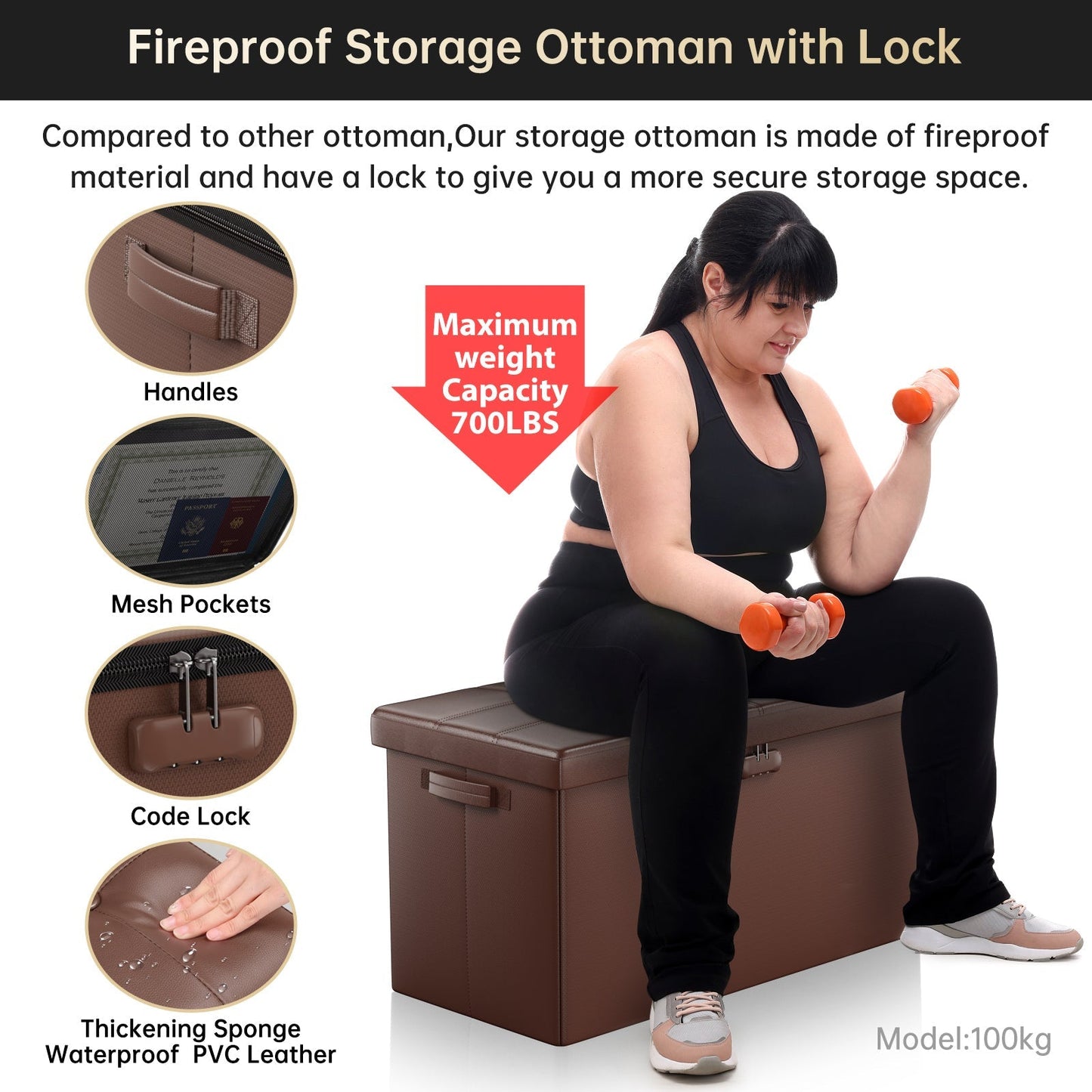 Brown Fireproof Storage Ottoman Bench Folding Bench with Lock ENGPOW
