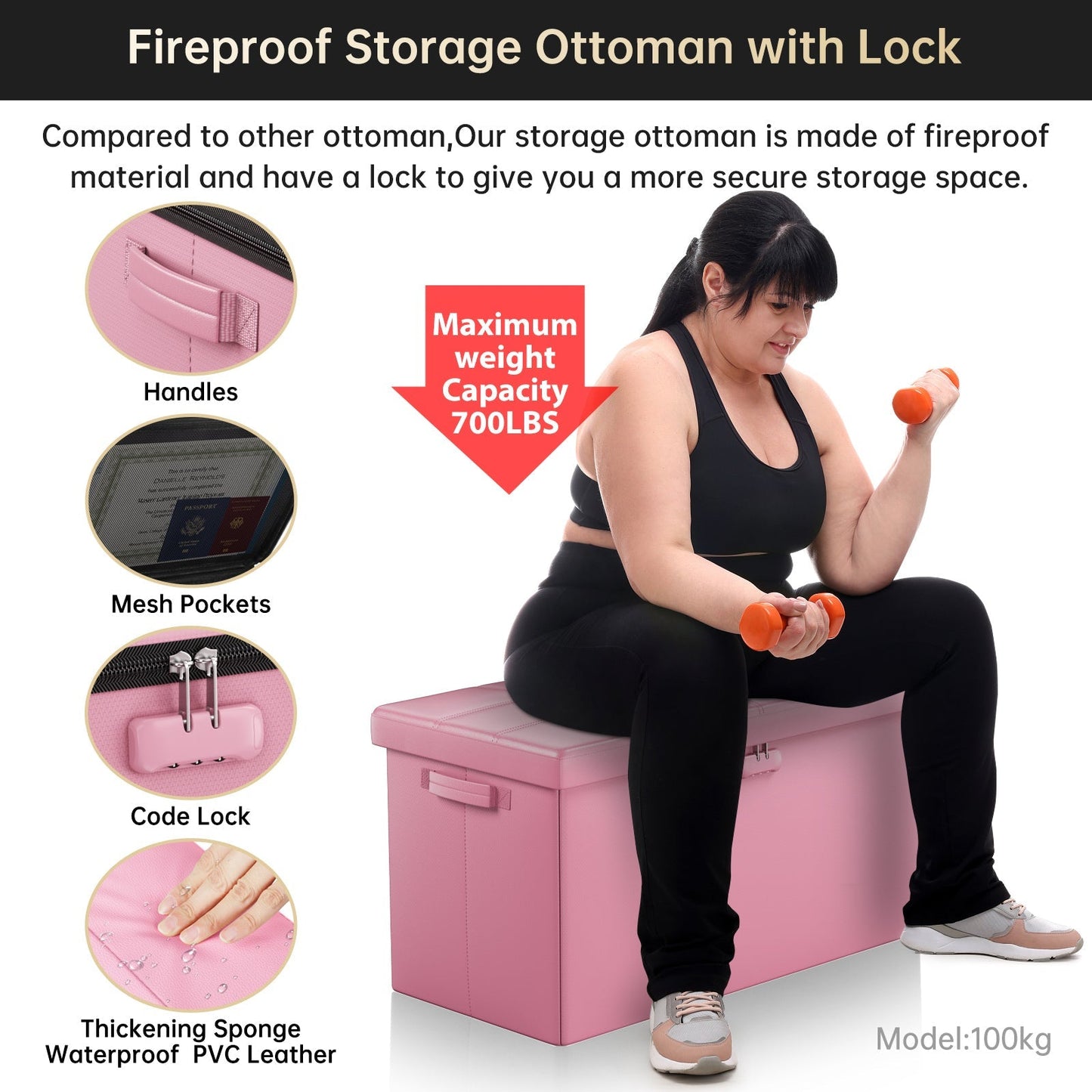Pink Fireproof Storage Ottoman Bench Folding Bench with Lock ENGPOW