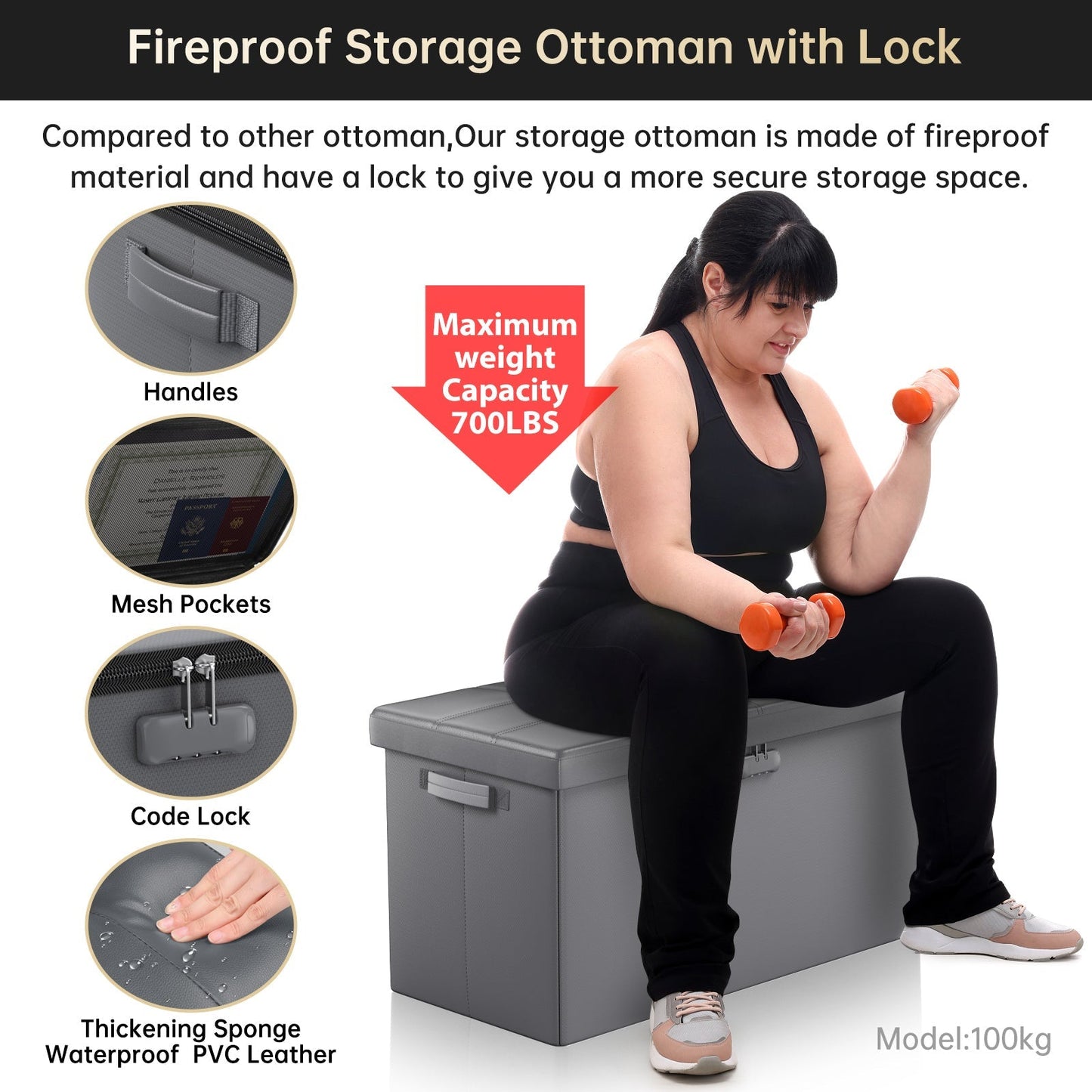 Pink Fireproof Storage Ottoman Bench Folding Bench with Lock ENGPOW