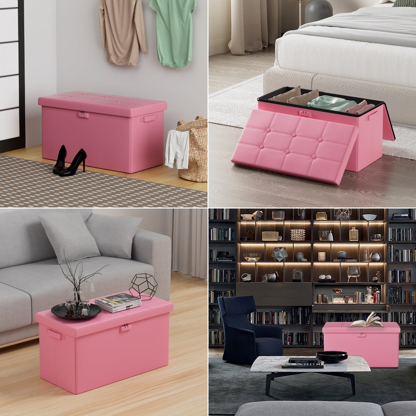 Pink Fireproof Storage Ottoman Bench Folding Bench with Lock ENGPOW