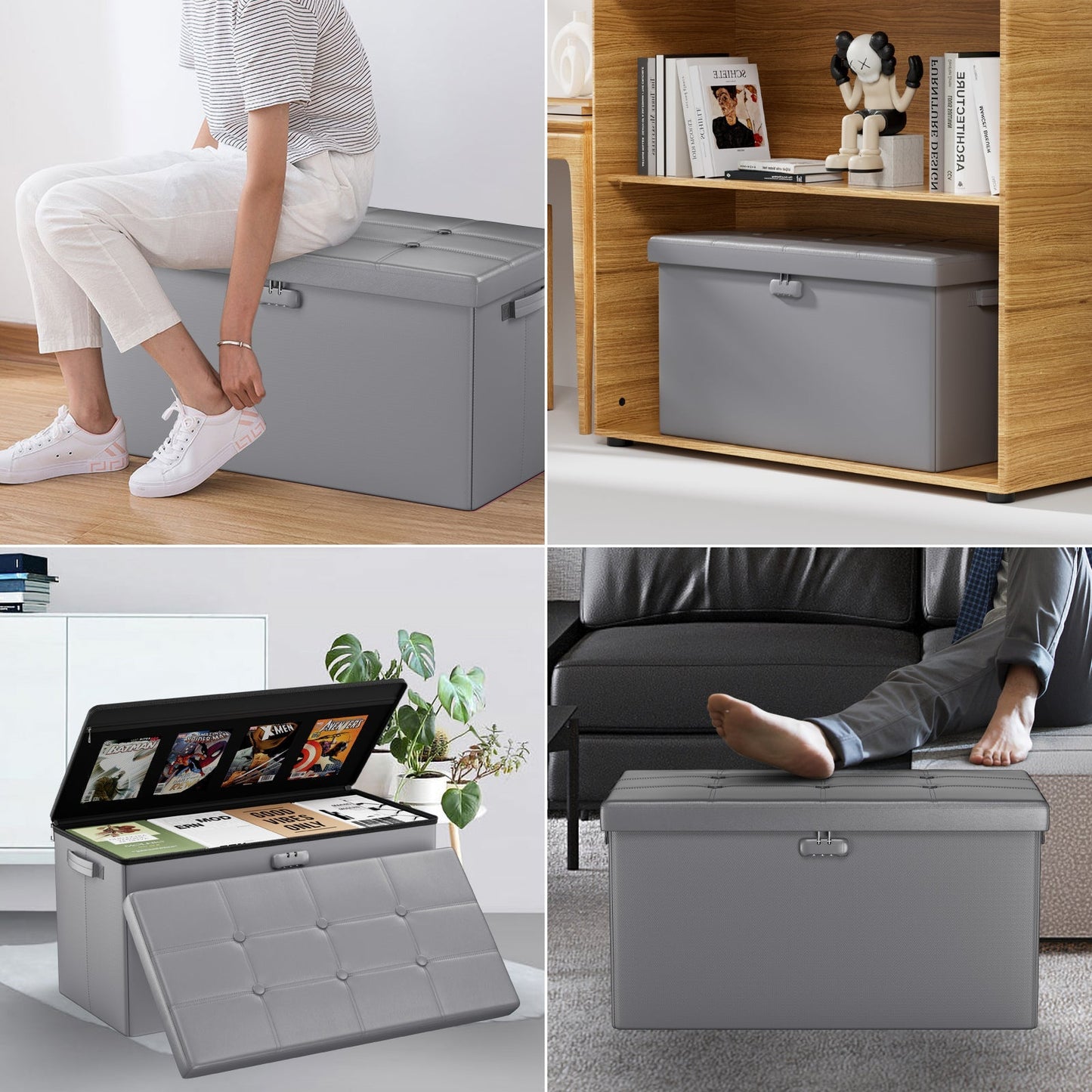 Gray Fireproof Storage Ottoman Bench Folding Bench with Lock ENGPOW