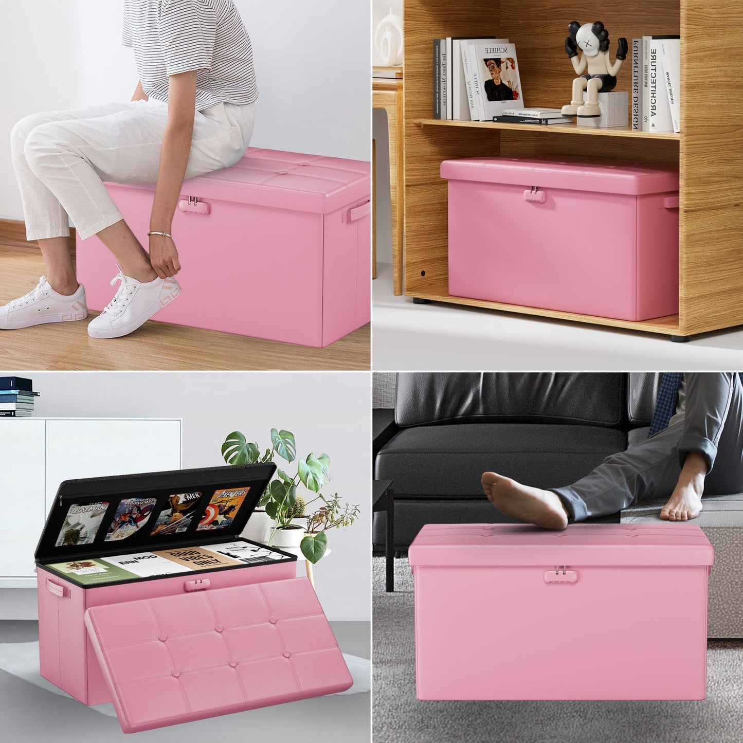 Pink Fireproof Storage Ottoman Bench Folding Bench with Lock ENGPOW