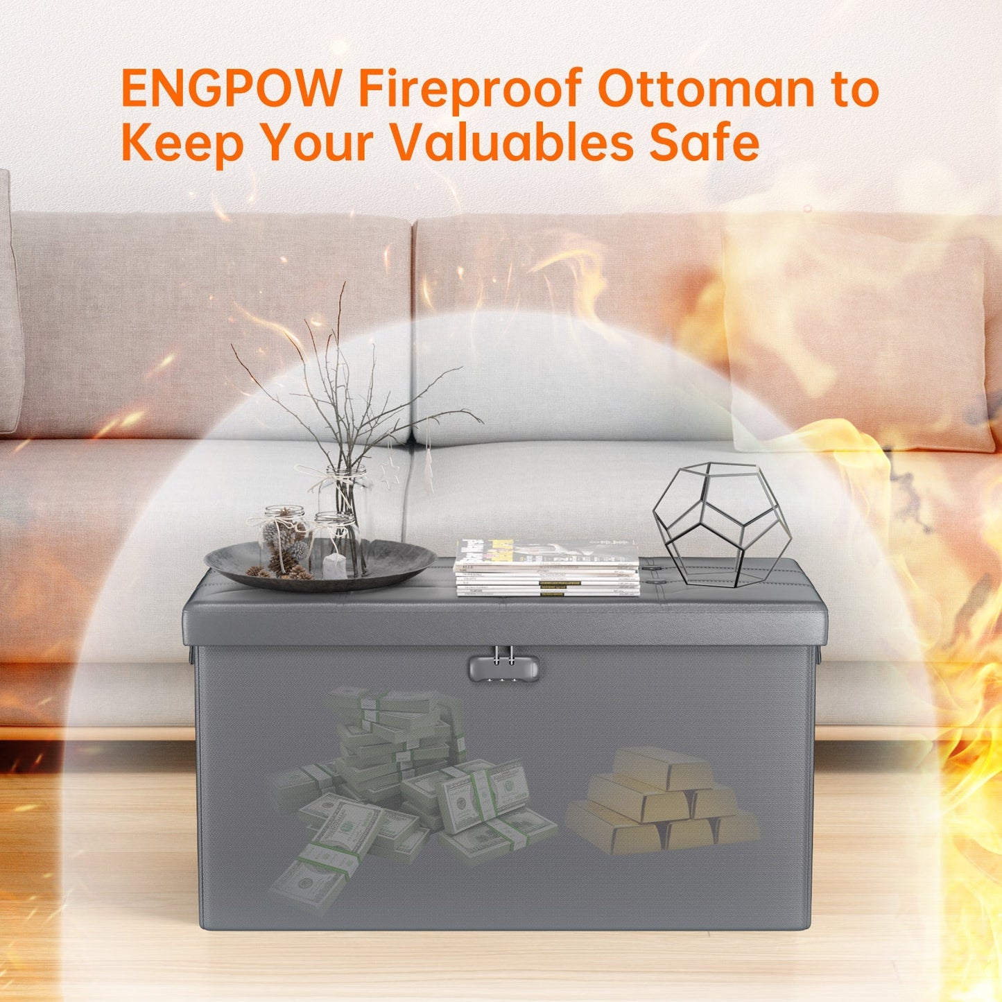 Gray Fireproof Storage Ottoman Bench Folding Bench with Lock ENGPOW