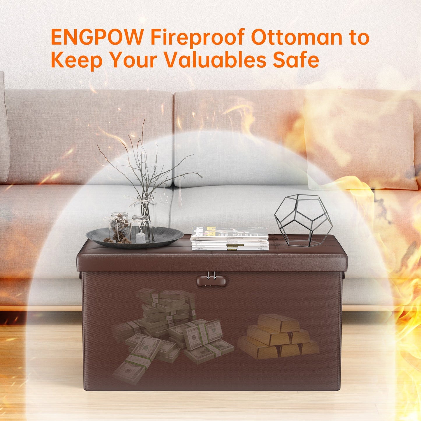 Pink Fireproof Storage Ottoman Bench Folding Bench with Lock ENGPOW