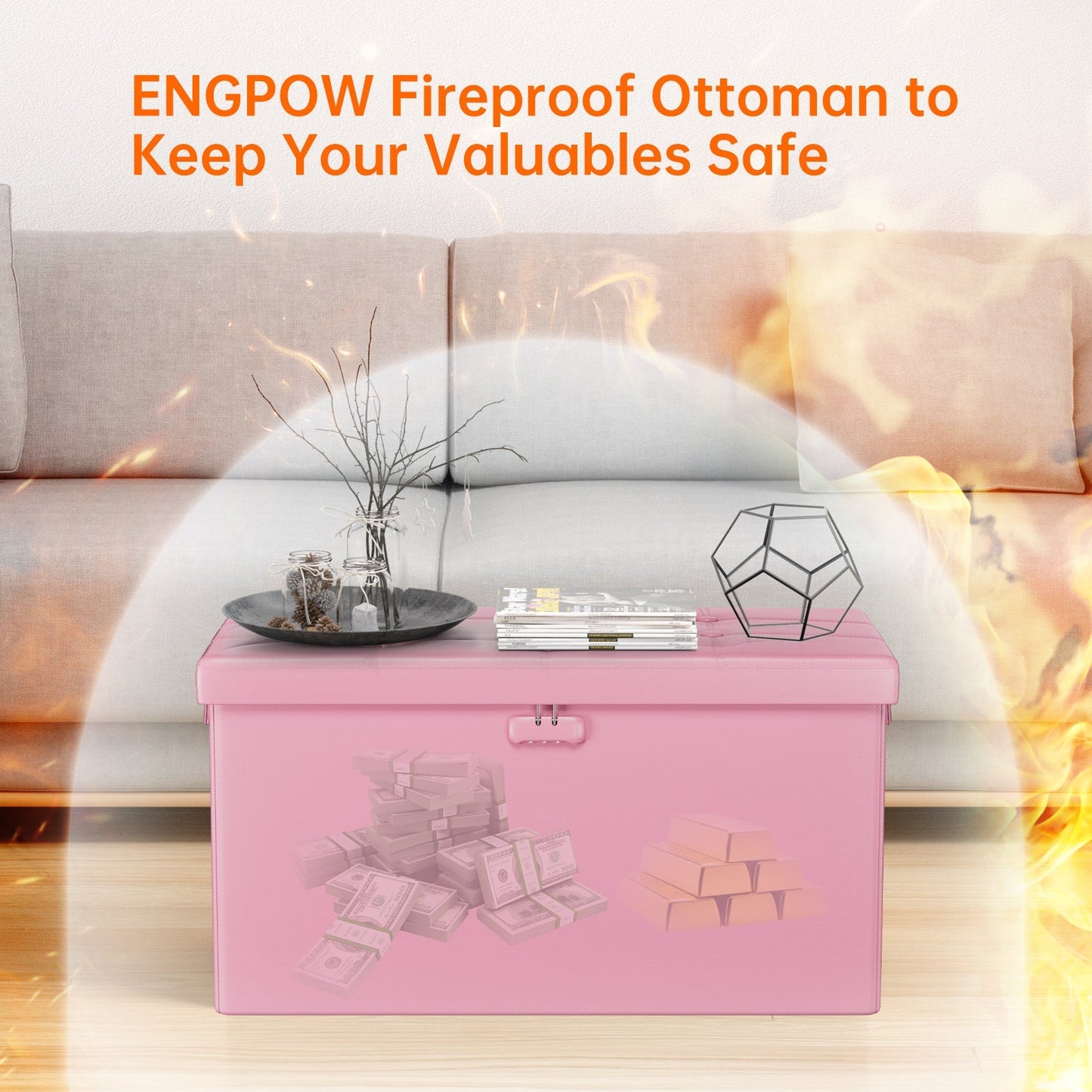 Pink Fireproof Storage Ottoman Bench Folding Bench with Lock ENGPOW