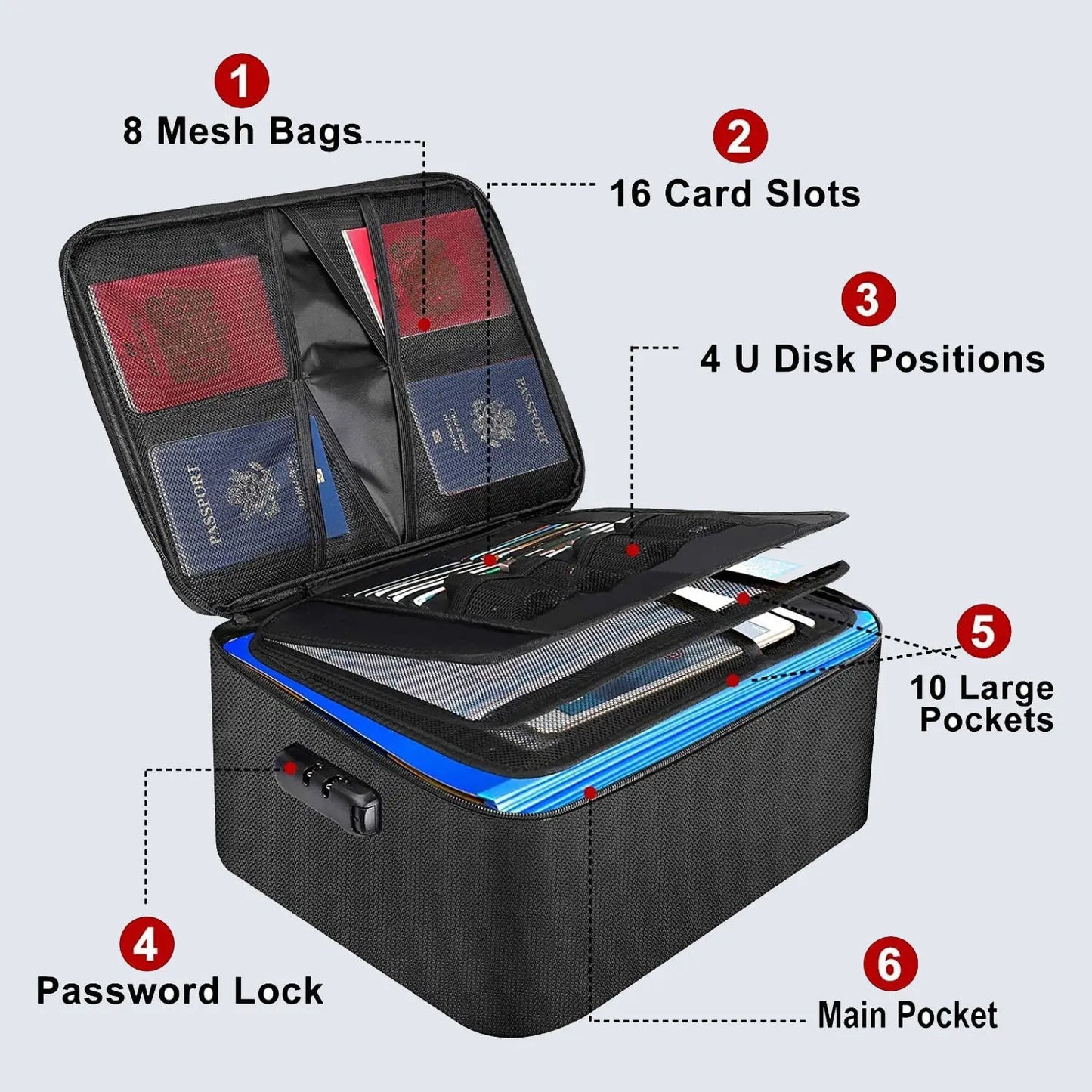 Fireproof and waterproof document manager with lock 4 large compartments - JOOFIRE
