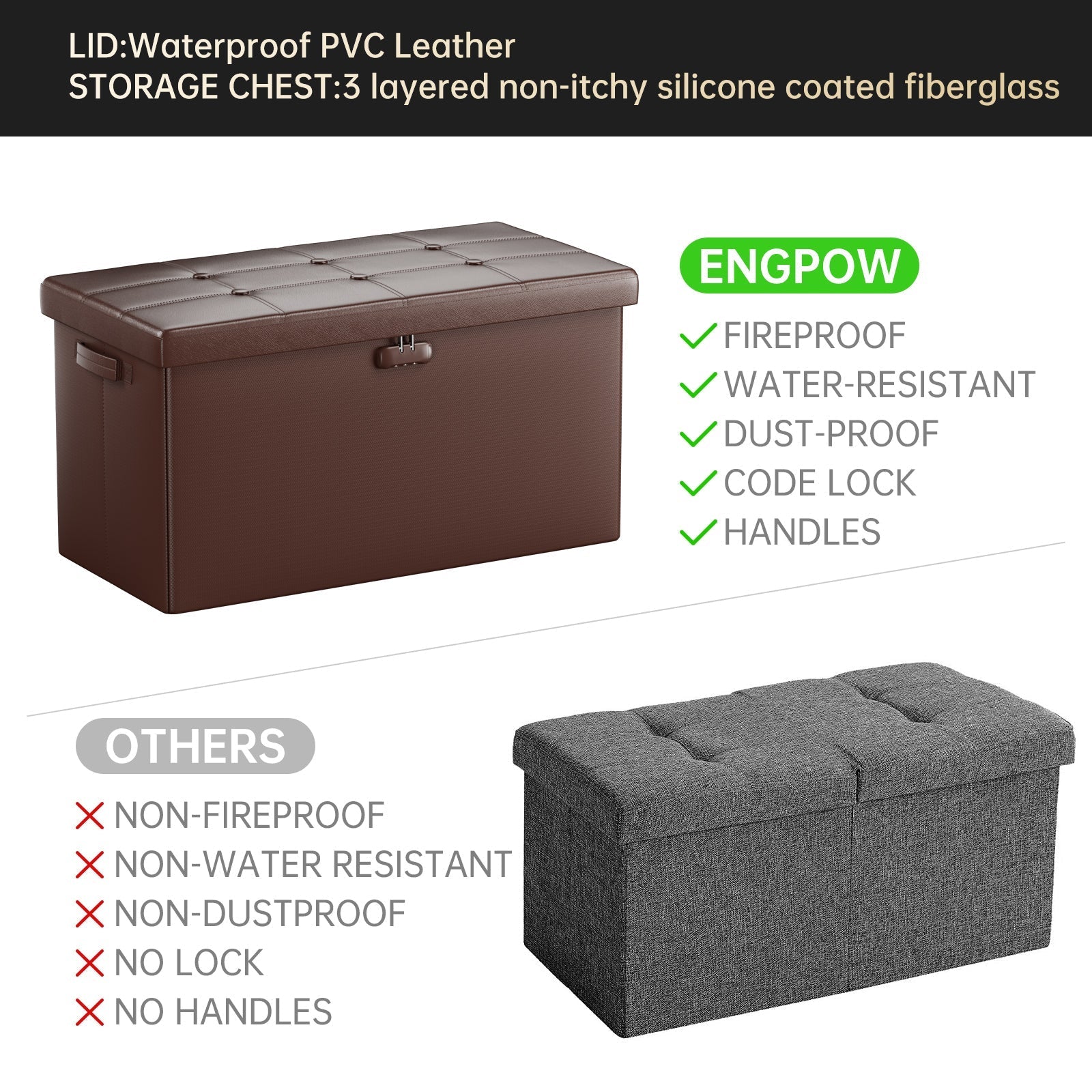 Pink Fireproof Storage Ottoman Bench Folding Bench with Lock ENGPOW
