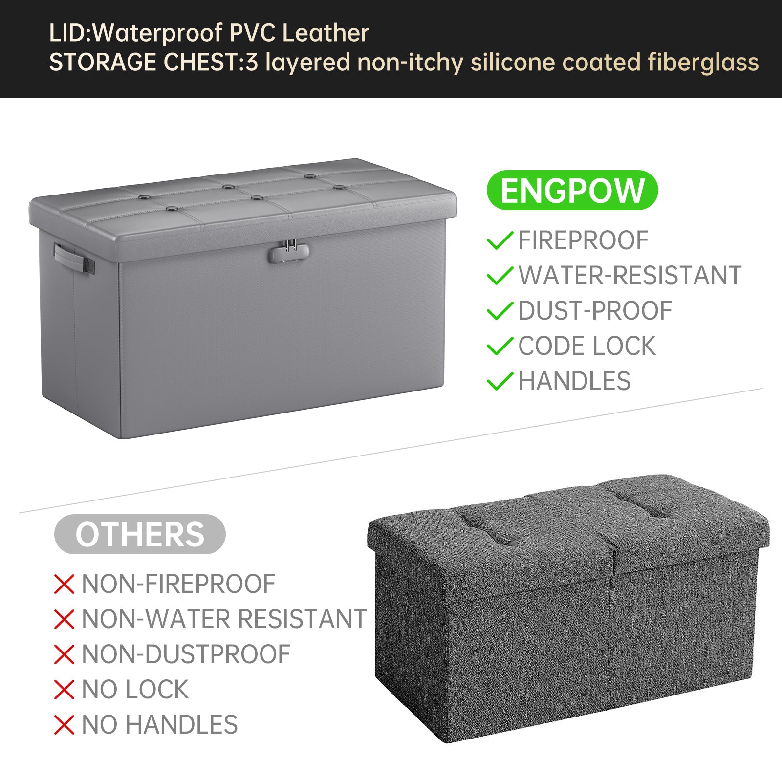 Pink Fireproof Storage Ottoman Bench Folding Bench with Lock ENGPOW