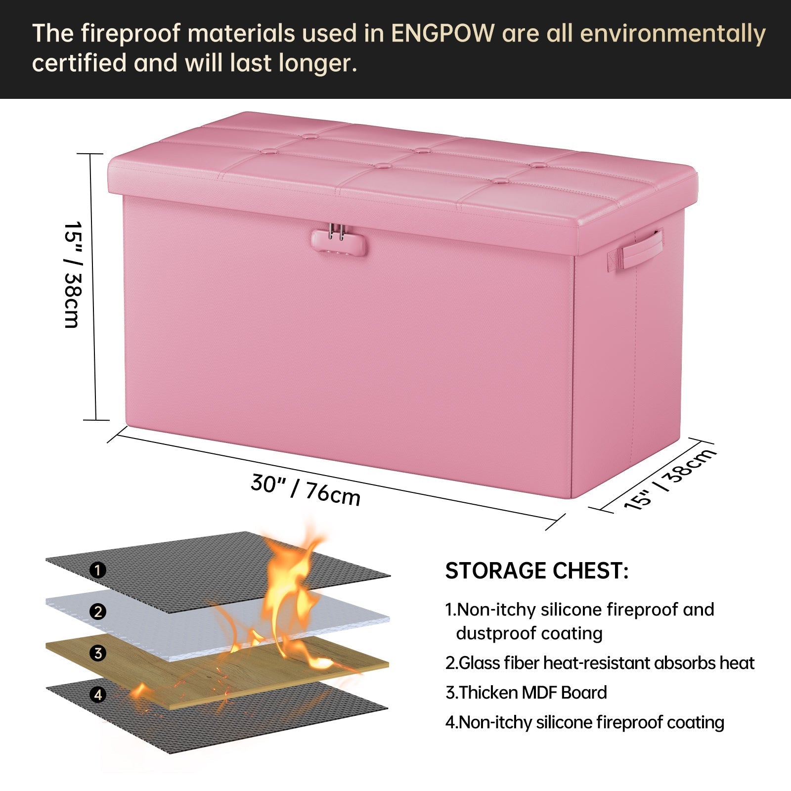 Pink Fireproof Storage Ottoman Bench Folding Bench with Lock ENGPOW