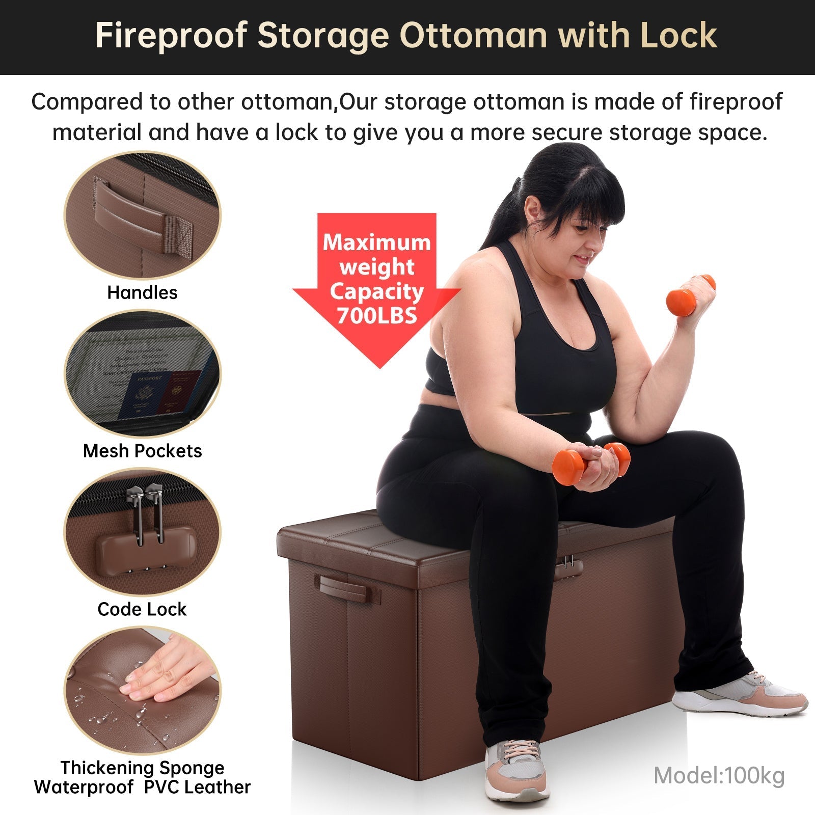 Brown Fireproof Storage Ottoman Bench Folding Bench with Lock ENGPOW